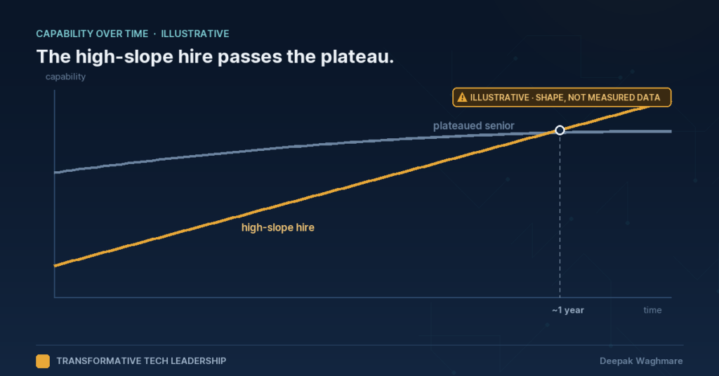 Illustrative line chart of capability over time. A blue-grey line labelled 'plateaued senior' starts high and flattens. An amber line labelled 'high-slope hire' starts lower and rises steadily, crossing it at about one year. A bordered chip reads ILLUSTRATIVE, SHAPE NOT MEASURED DATA.