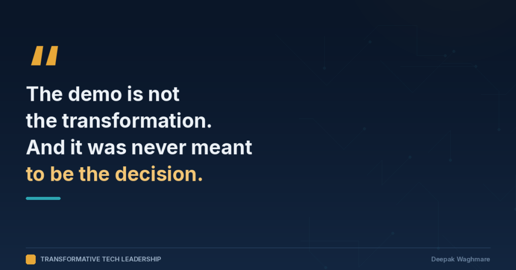 Pull quote card reading: The demo is not the transformation. And it was never meant to be the decision.